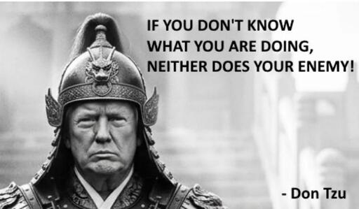 Picture of Trump in Chinese armor, with text saying"If you don't know what you are doing, neither does your enemy -- Don Tzu"