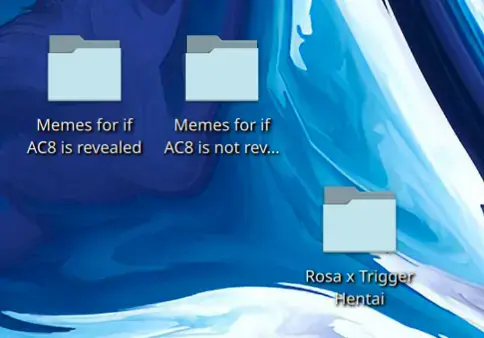 (one folder called "Memes for if AC8 is revealed") (another called "Memes for if AC8 is not revealed") (a folder in the corner called "Rosa x Trigger Hentai")