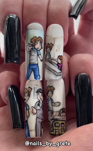 the fully detailed Loss comic on really long acrylic nails