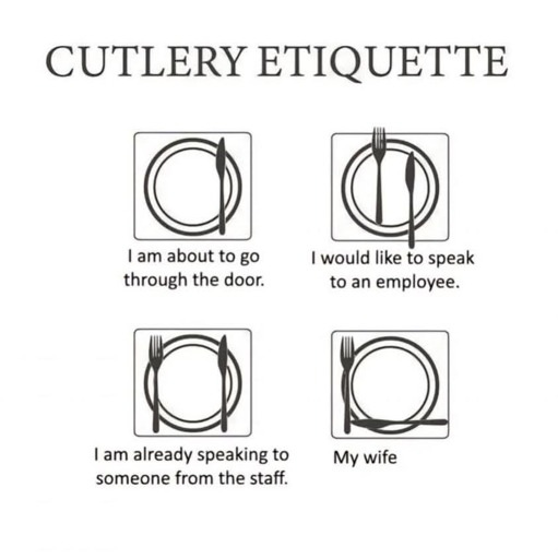 Black and white image with caption "cutlery etiquette". Four plates are shown with different arrangements, seen from above.

Top-left one shows a single knife arranged vertically on the right side of the plate, with the caption "I'm about to go through the door".

Top-right one shows a fork and a knife arranged vertically along the center of the plate, with the caption "I would like to speak to an employee".

Bottom-left one has a fork and a knife arranged vertically, this time along the sides, with the caption "I am already speaking to someone from the staff".

Bottom-right shows a fork arranged vertically along the left side, and a knife arranged horizontally along the bottom. The caption reads "My wife".