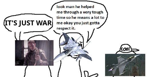 (from right to left) (picture of PJ's aircraft) (picture of Cipher's aircraft, saying "look man he helped me through a very tough time so he means a lot to me okay you just gotta respect it") (picture of Pixy, with text "IT'S JUST WAR")