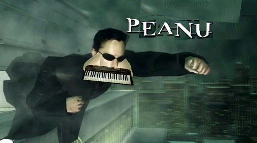 neo from the video game the matrix: the path of neo is flying through the air like superman with a tummy ache and also his mouth is now a piano and it says peanu