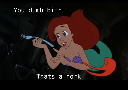 A screenshot from disneys the little mermaid where Ariel is swimming under water in her treasure cave holding and looking at a fork, which she called a "dinglehopper" in the movie