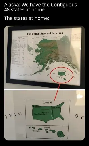 At Home meme

Alaska: We have the Contiguous 48 states at home

States at home text followed by a crude depiction of the rest of the US