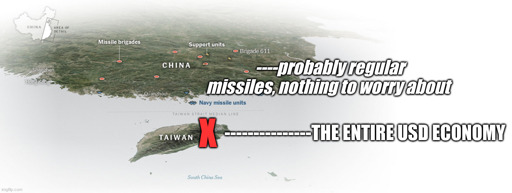 a map of china's south and taiwan with missile emplacements indicated "probably regular missiles, nothing to worry about" while the TSMC foundry is noted with a red X and "the entire USD economy"